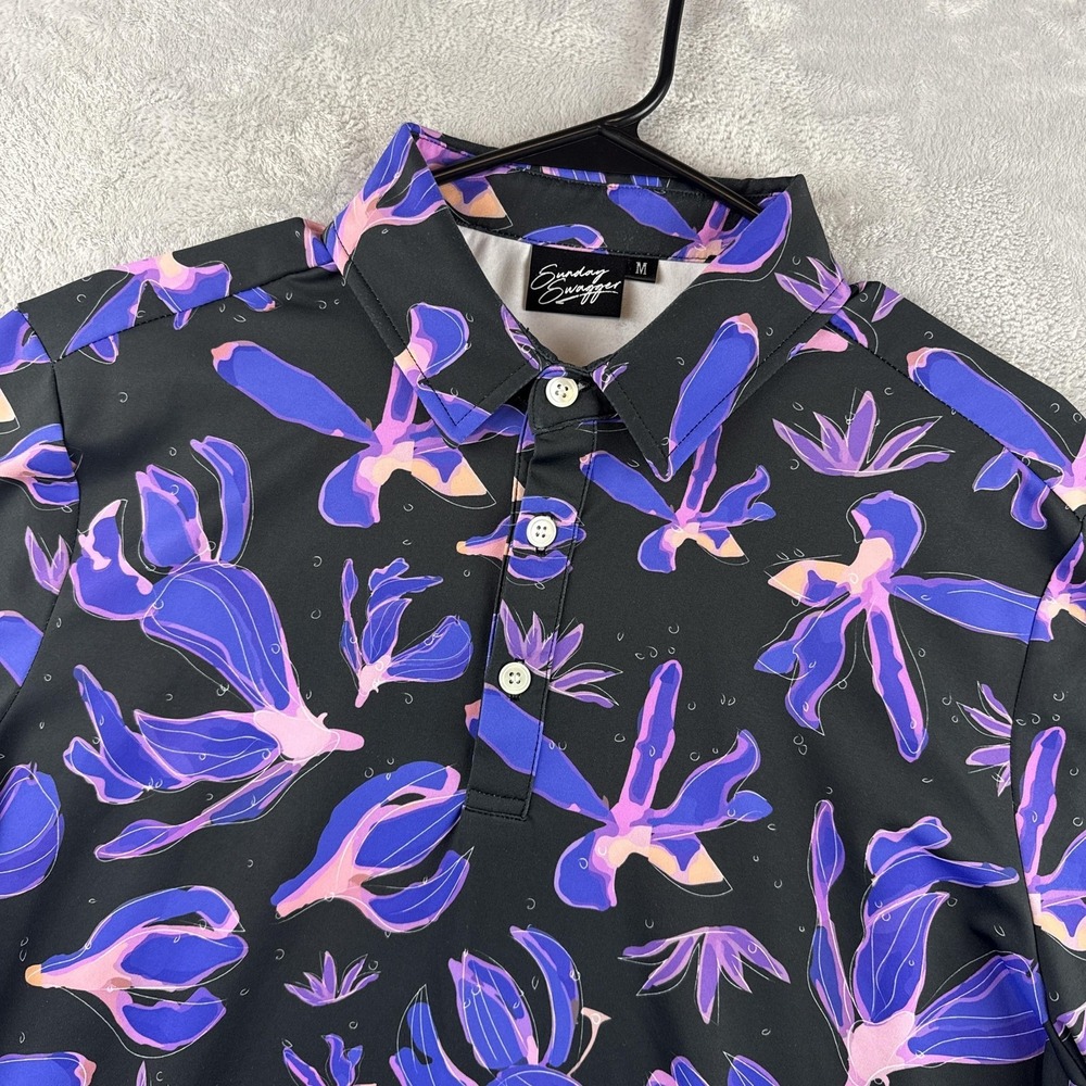 Sunday Swagger Polo Shirt Mens Medium Black Floral Geometric Golf Performance